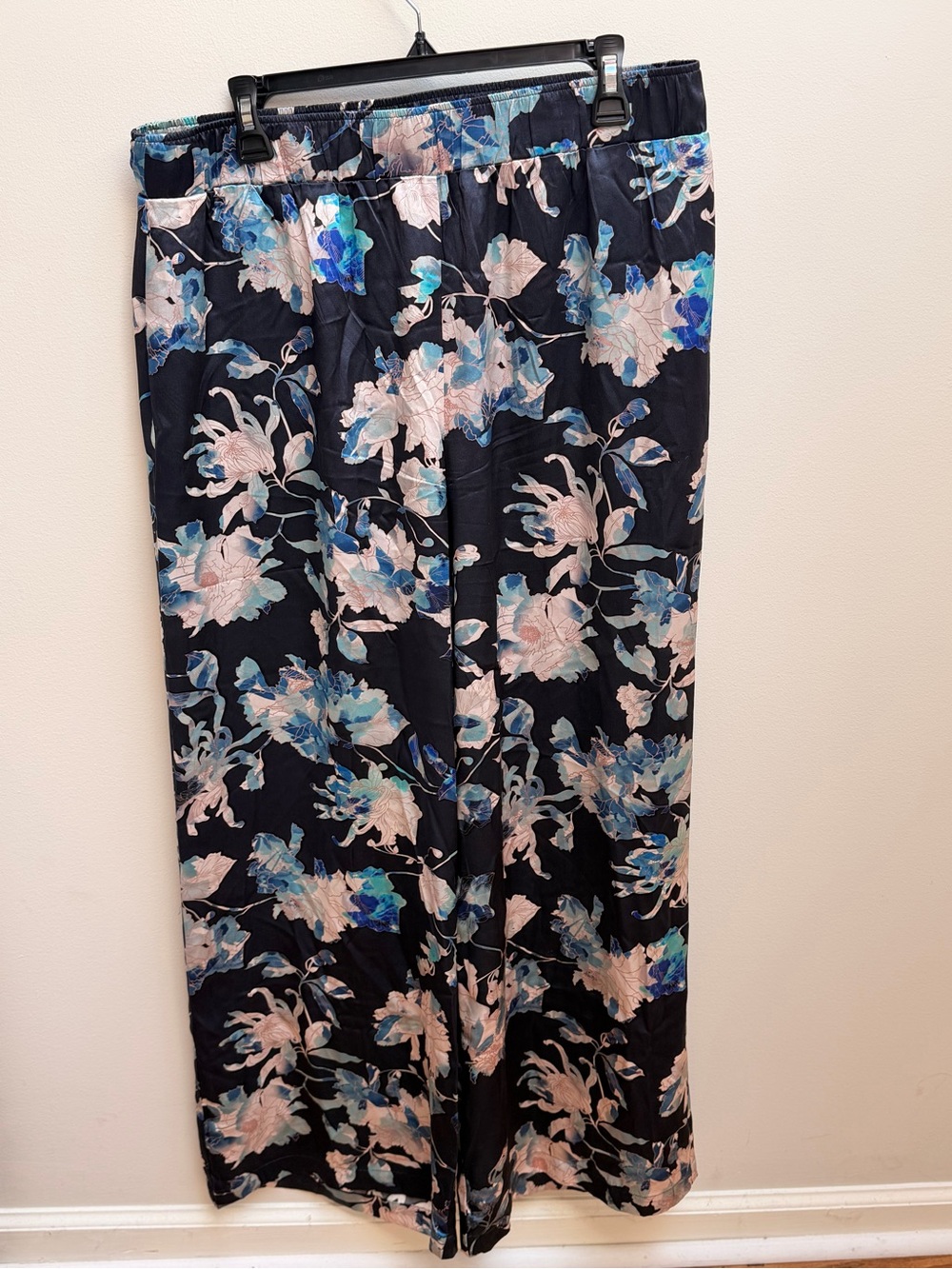 Johnny Was Black Floral Wide-Leg Pants Silk Chryssy Pants